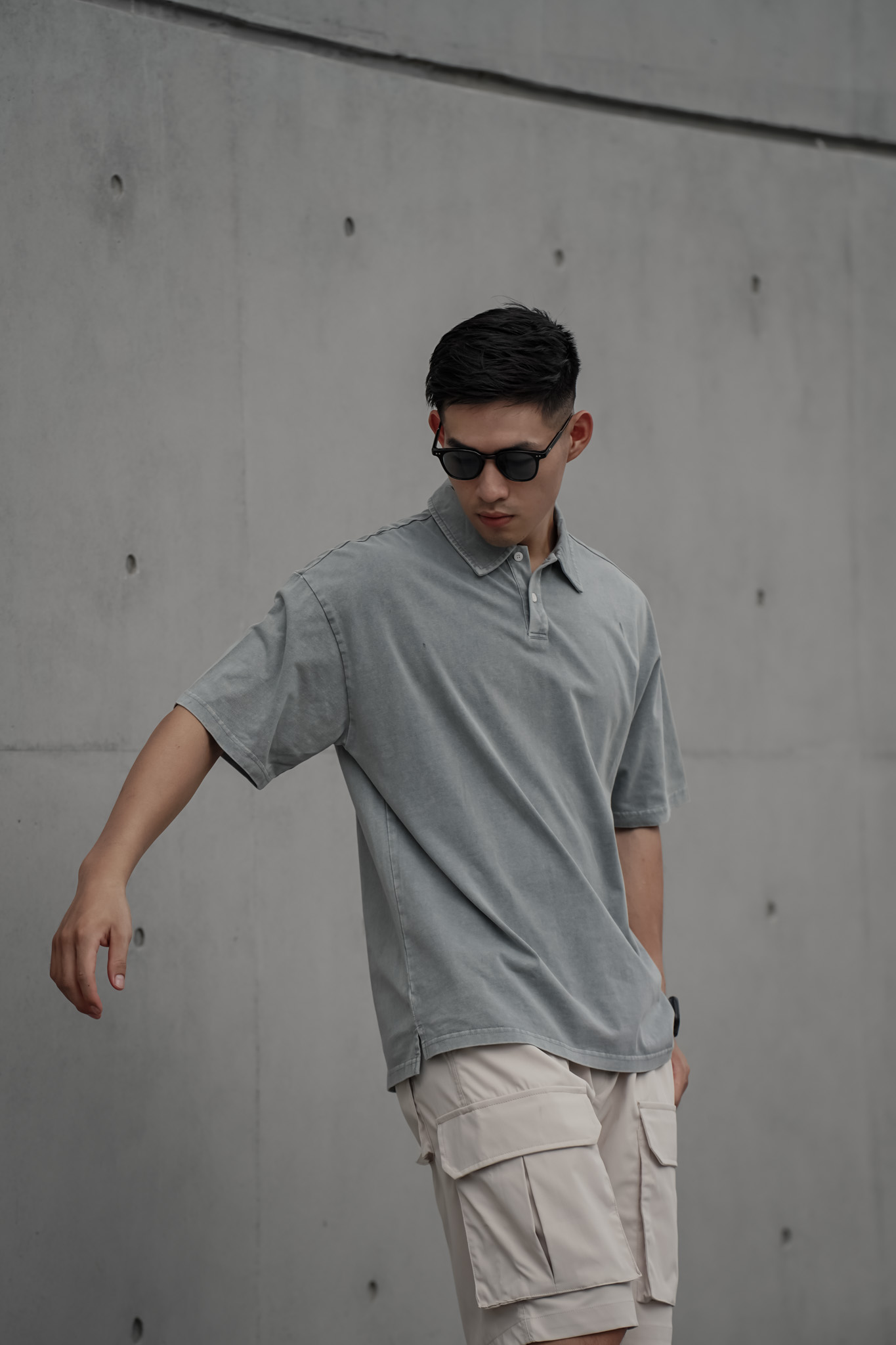 水洗灰落肩POLO(版偏大)