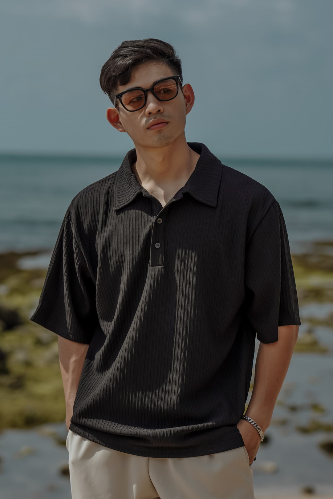 正韓柔軟坑條紋POLO