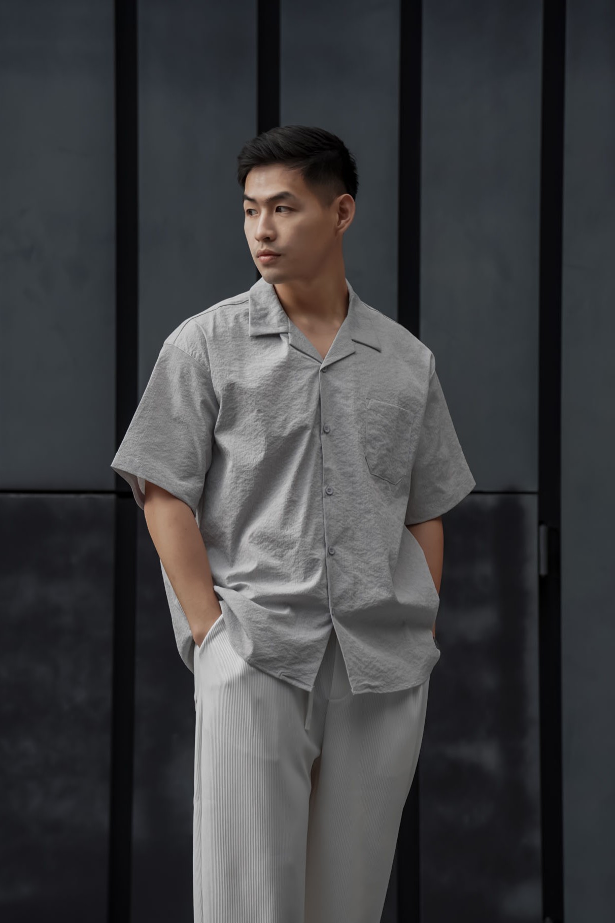古巴領紋理口袋襯衫