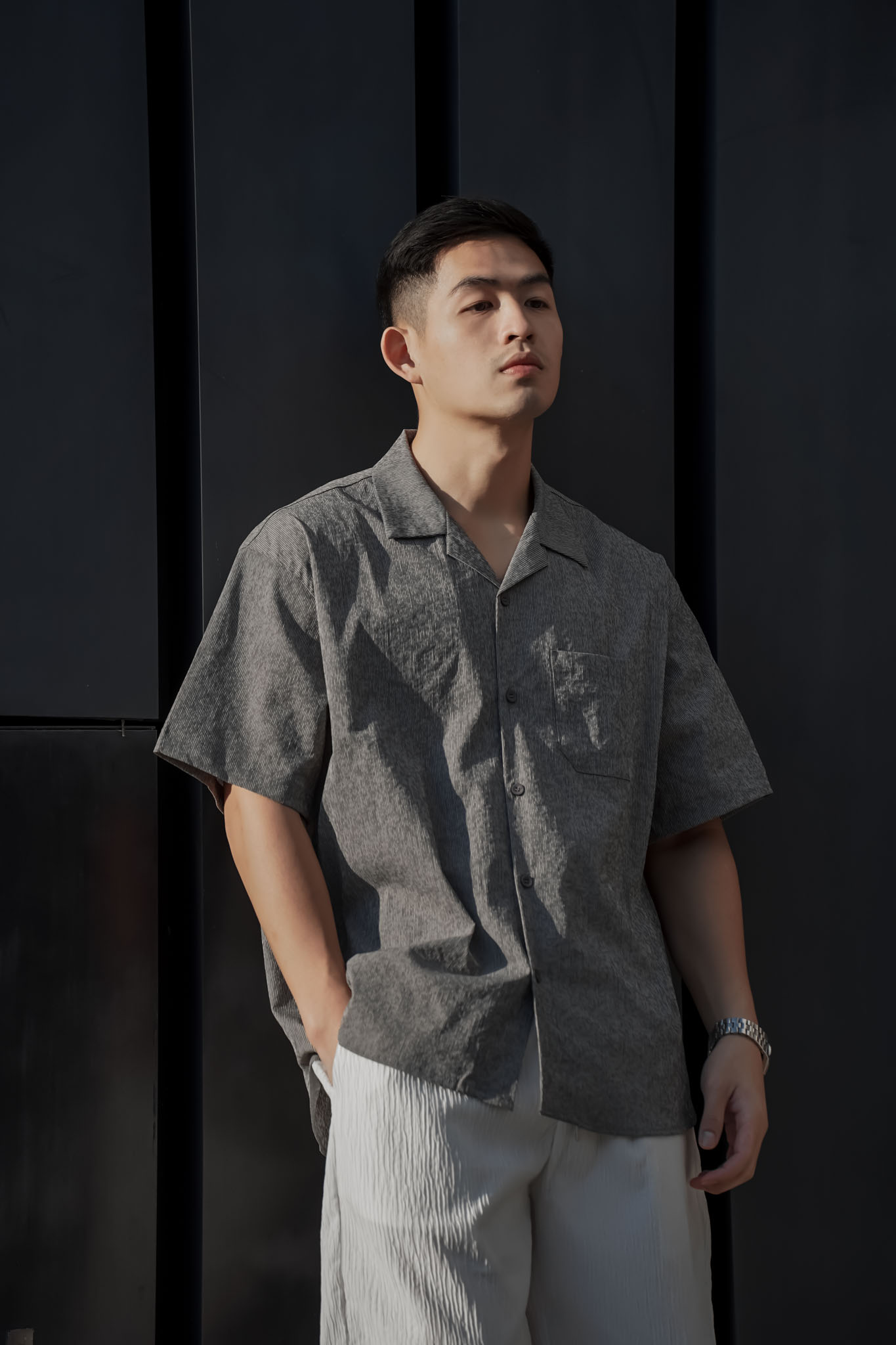 古巴領紋理口袋襯衫