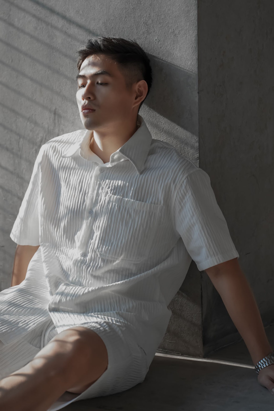 素面雲紋口袋套裝(短袖襯衫)