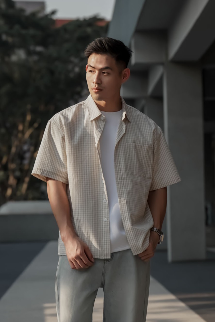 米格紋短袖口袋襯衫