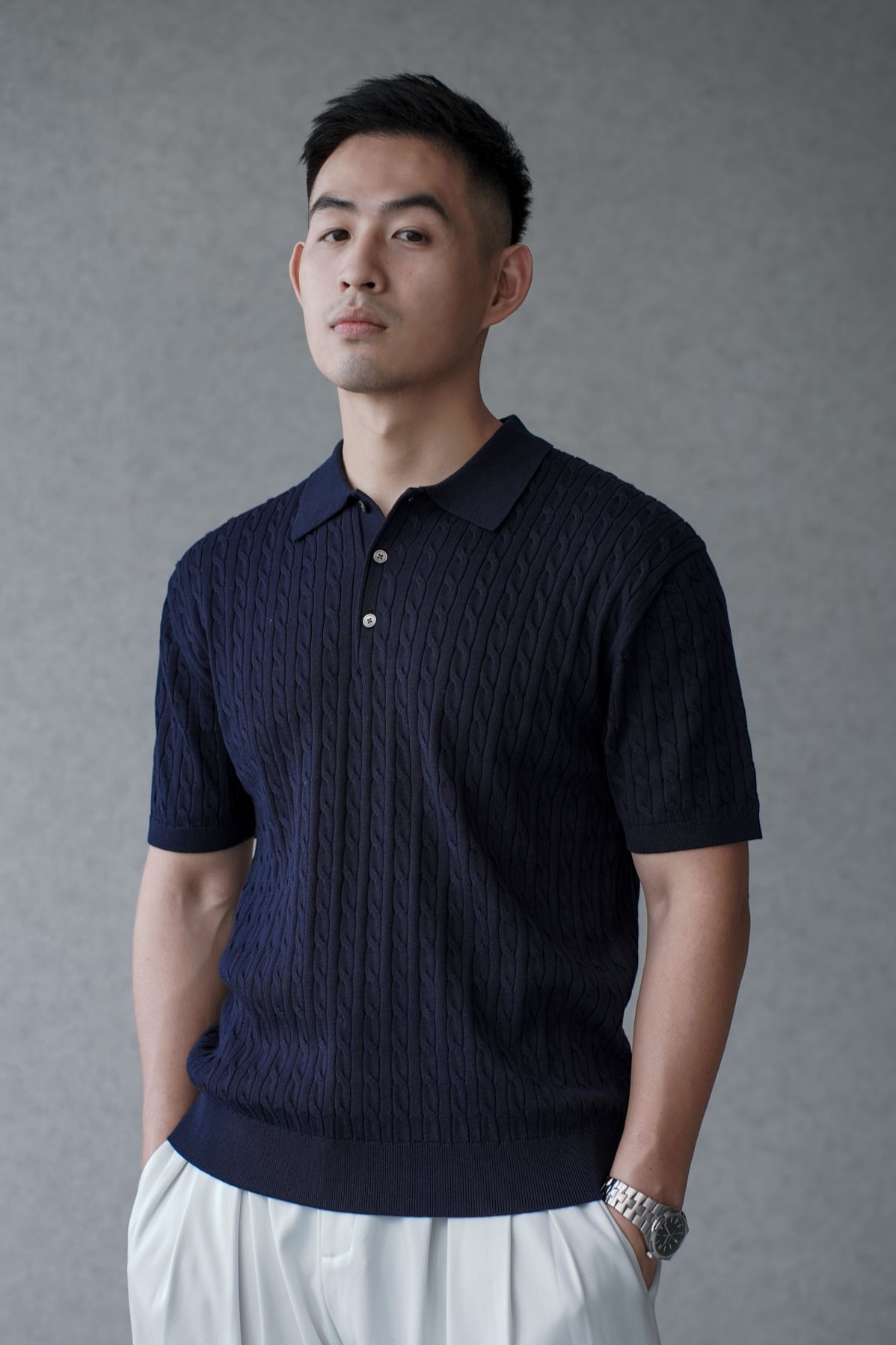 正韓麻花針織修身POLO