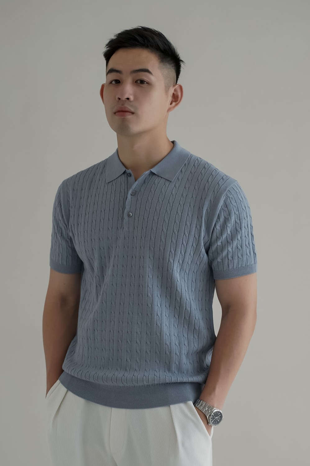 正韓麻花針織修身POLO