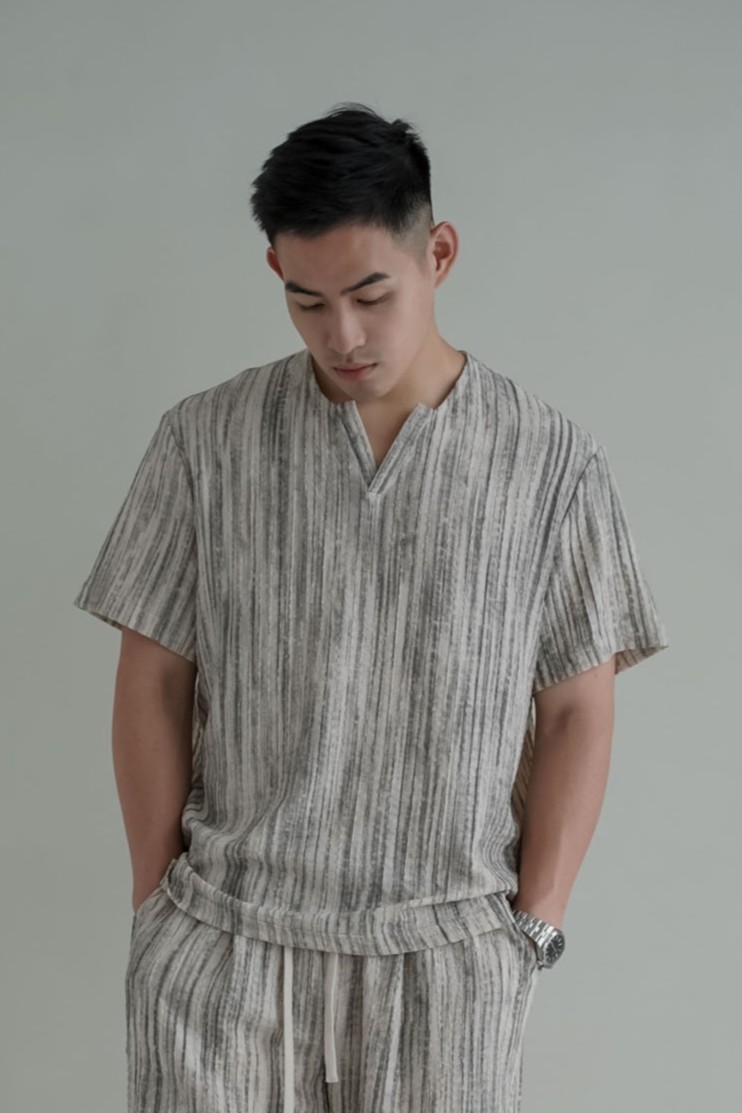 渡假混麻V領短袖