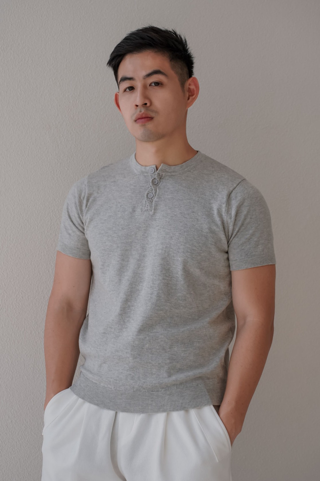 螺紋亨利領針織短袖