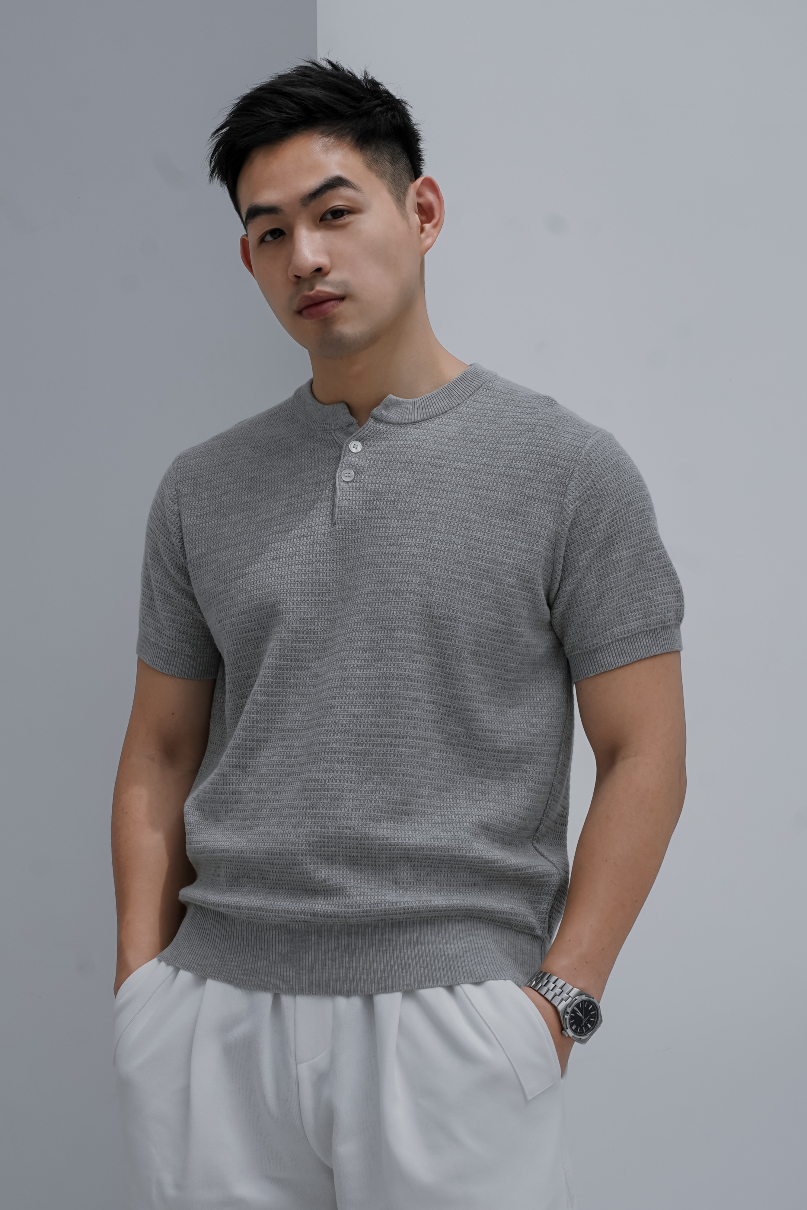 紋理針織亨利領短袖