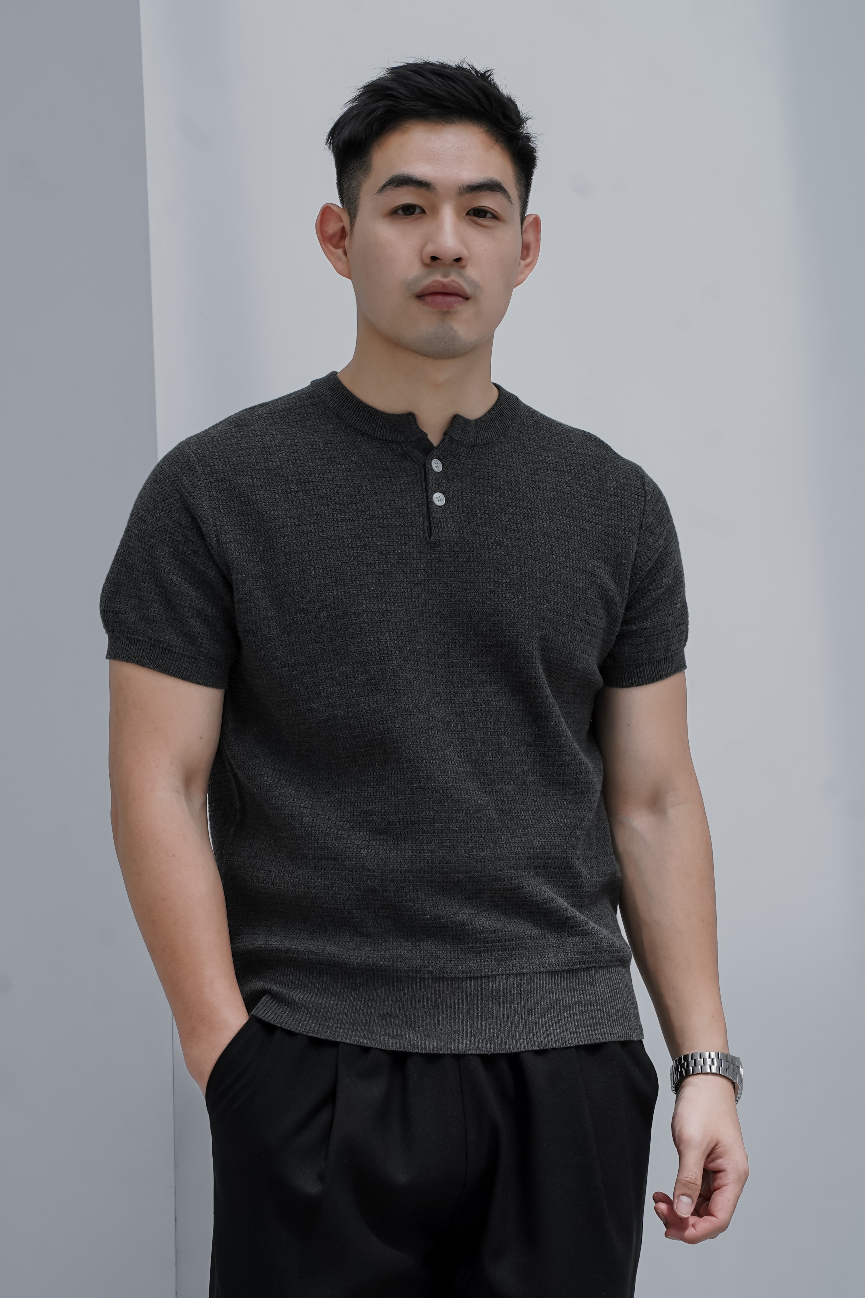 紋理針織亨利領短袖