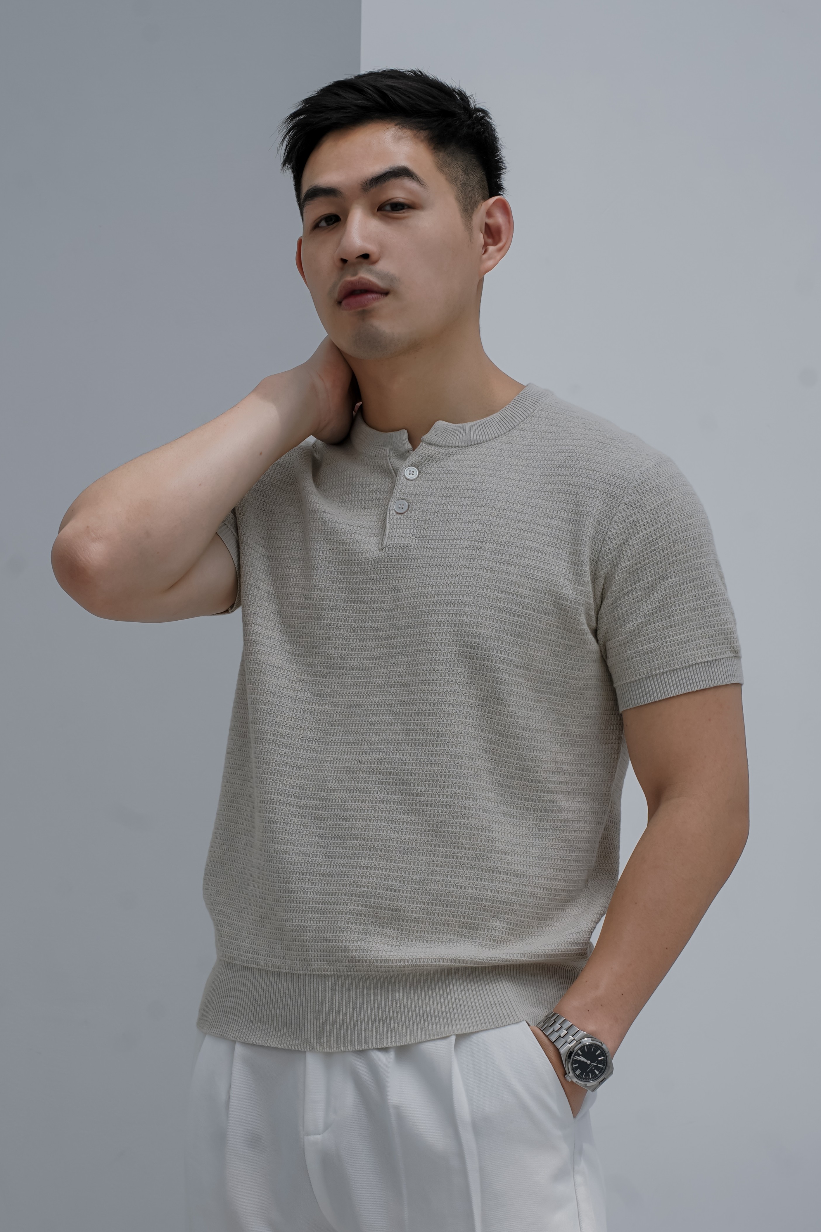 紋理針織亨利領短袖