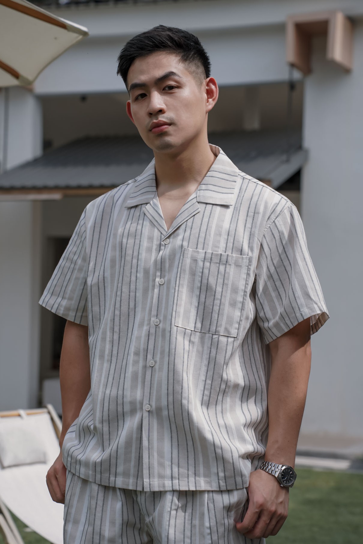 渡假條紋古巴領短袖襯衫