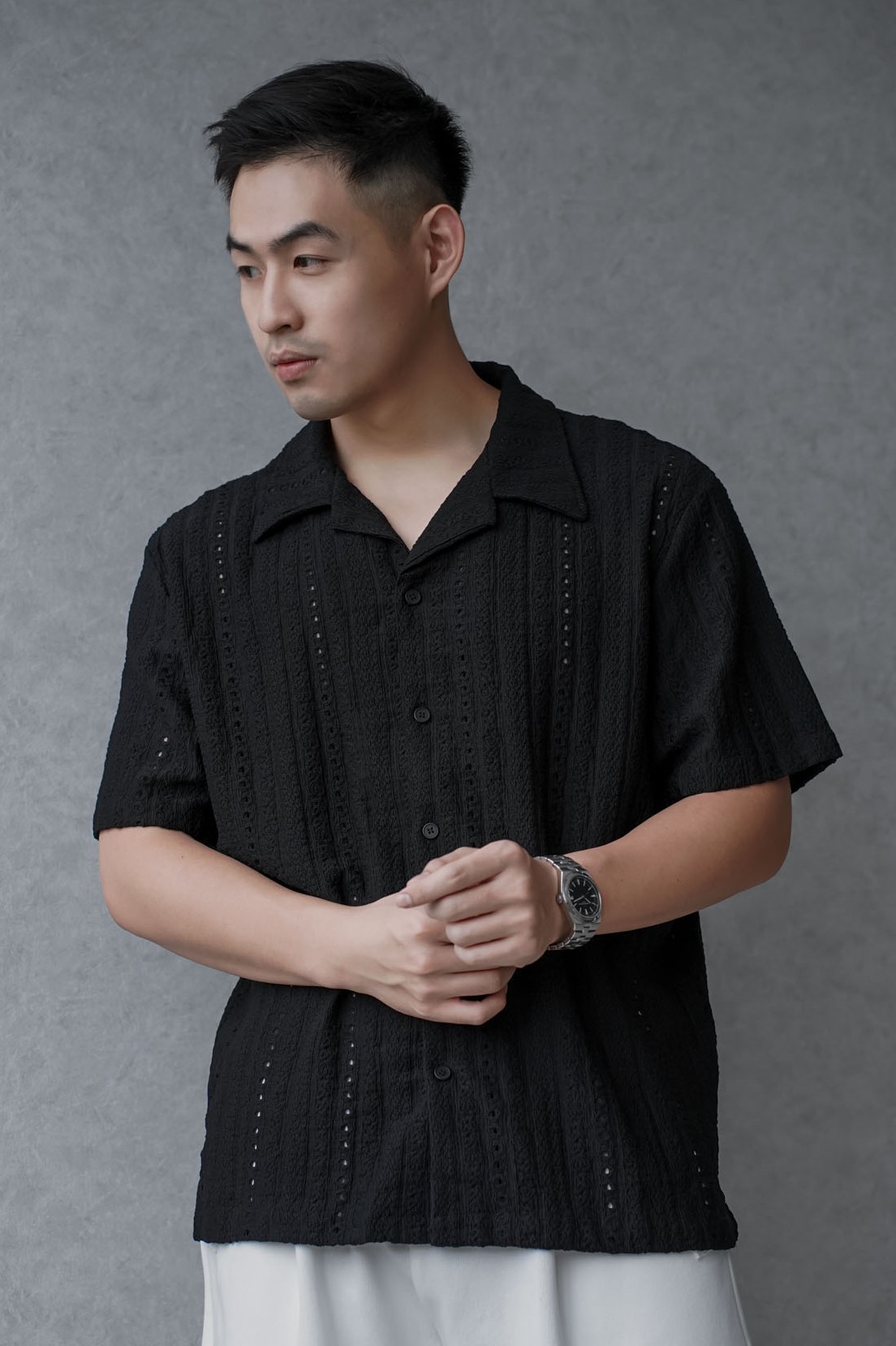 正韓渡假織紋古巴領襯衫