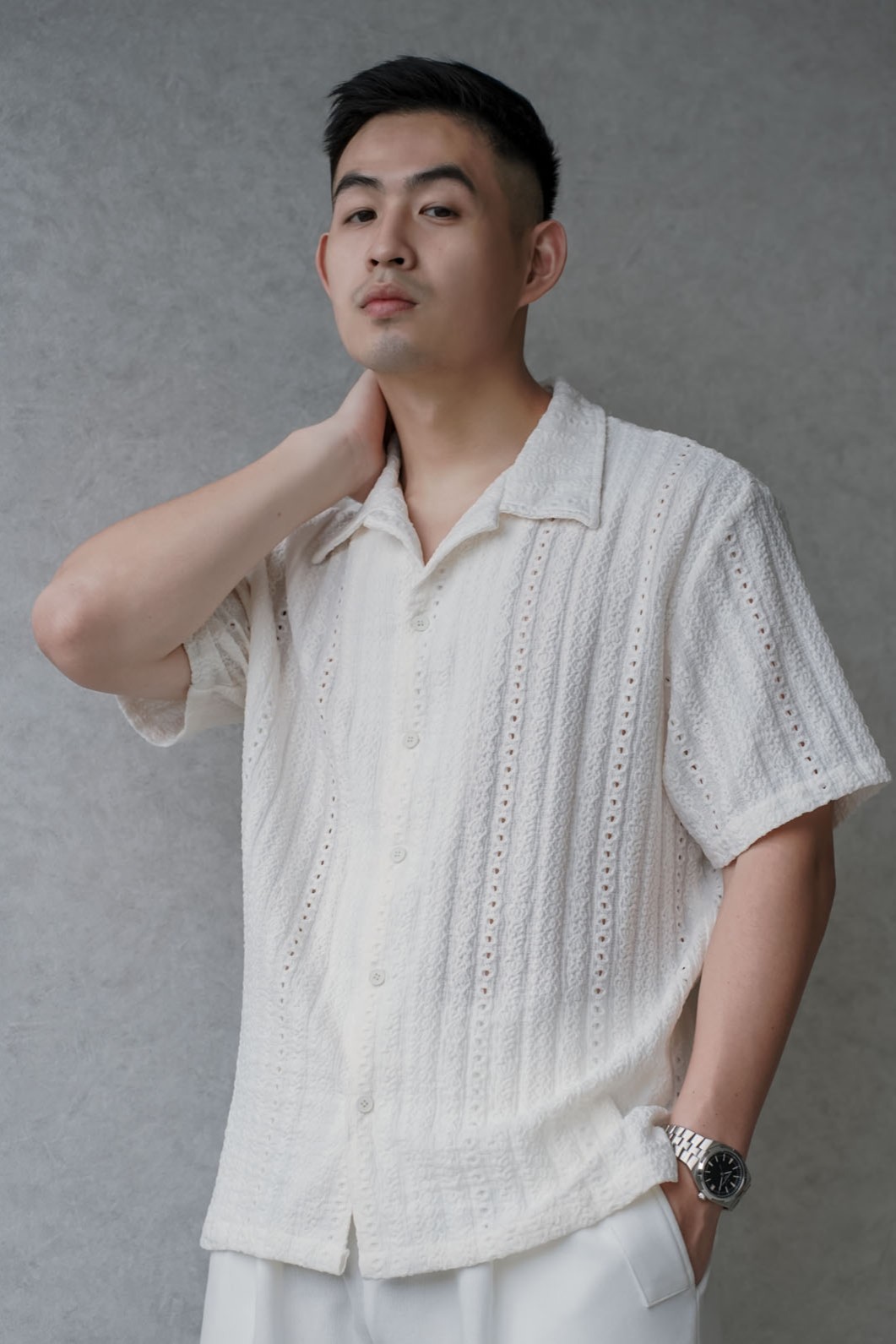 正韓渡假織紋古巴領襯衫