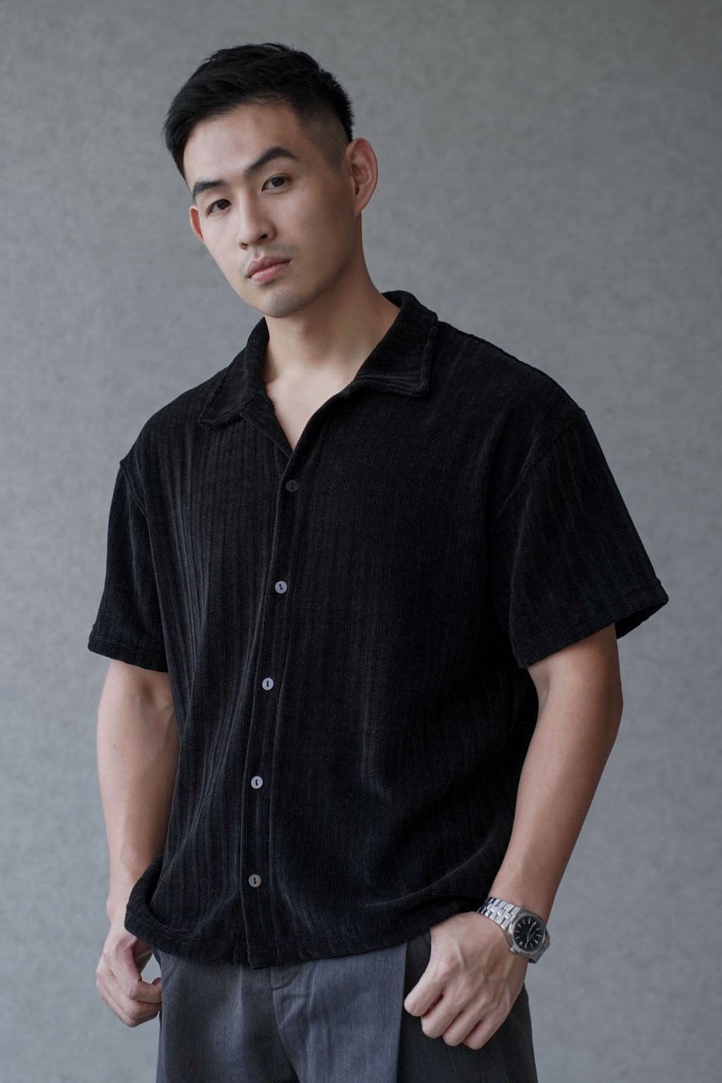 正韓紳士縱紋絨感短袖襯衫