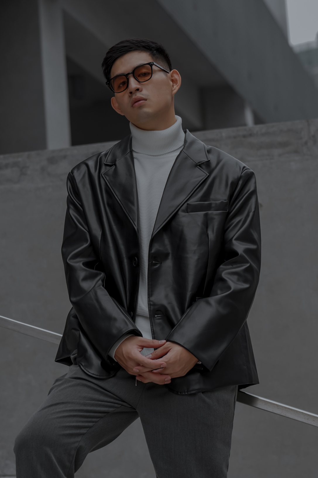 高級微墊肩皮革西裝外套