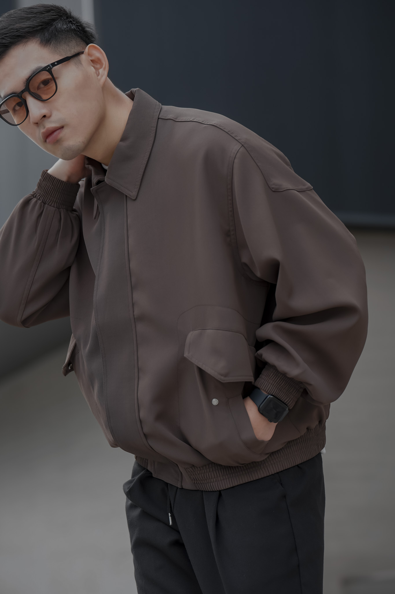 隱藏拉鏈翻領雙口袋外套