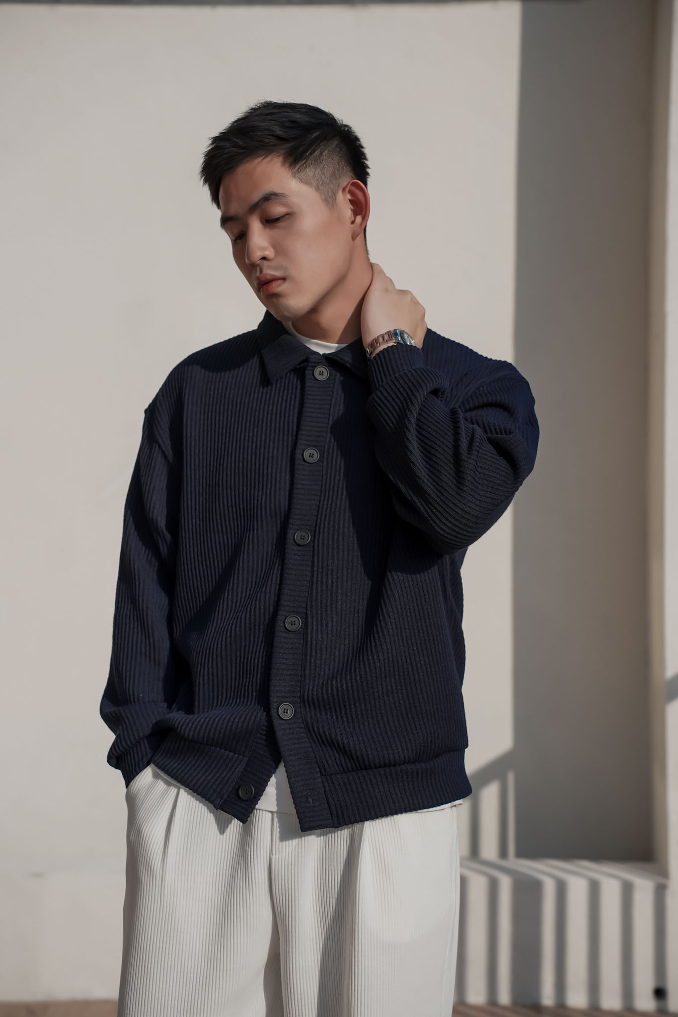 正韓Ｑ彈條紋長袖襯衫