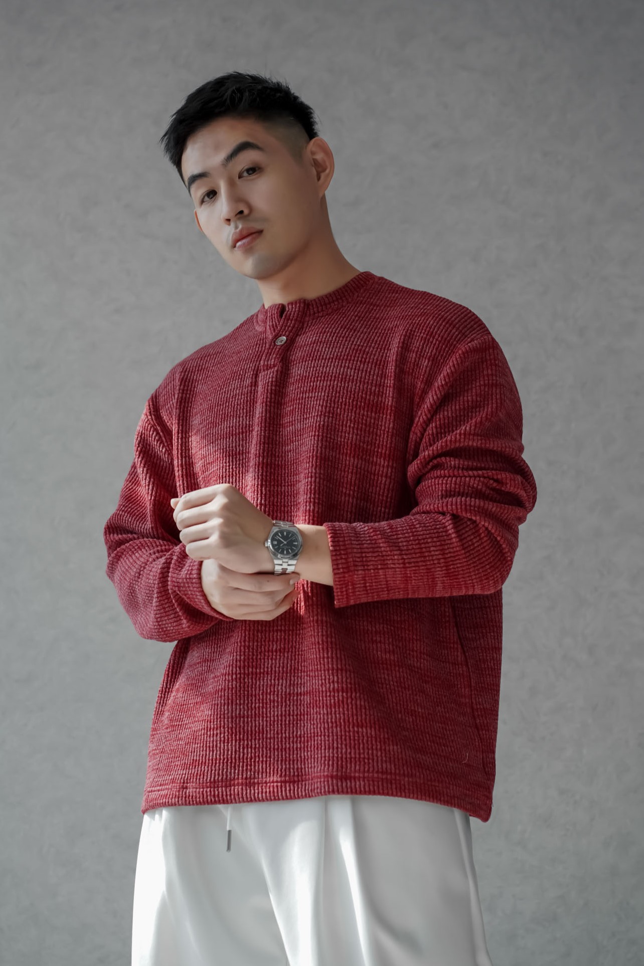 彈性坑條V領亨利長袖