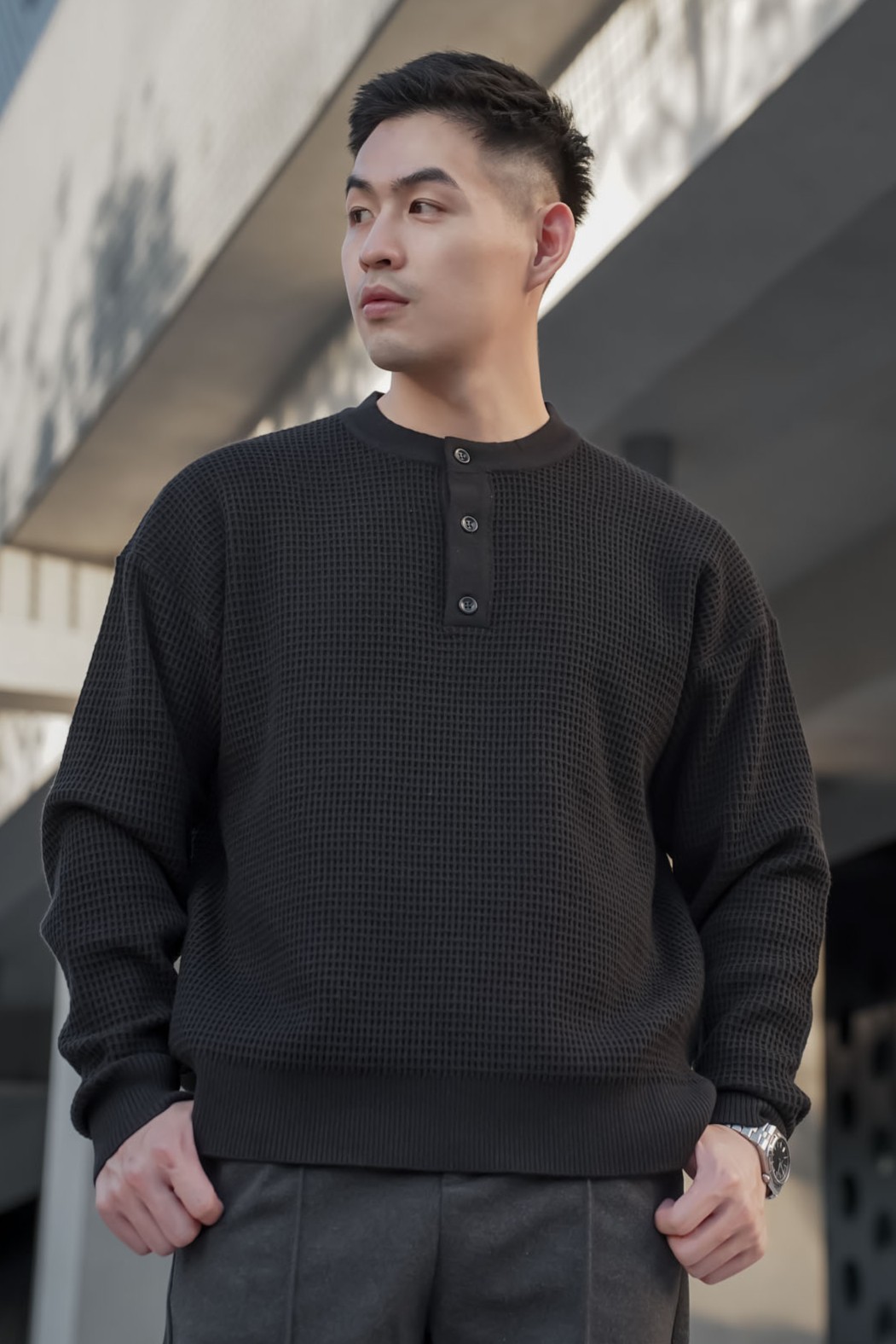 華夫格拼接亨利領長袖