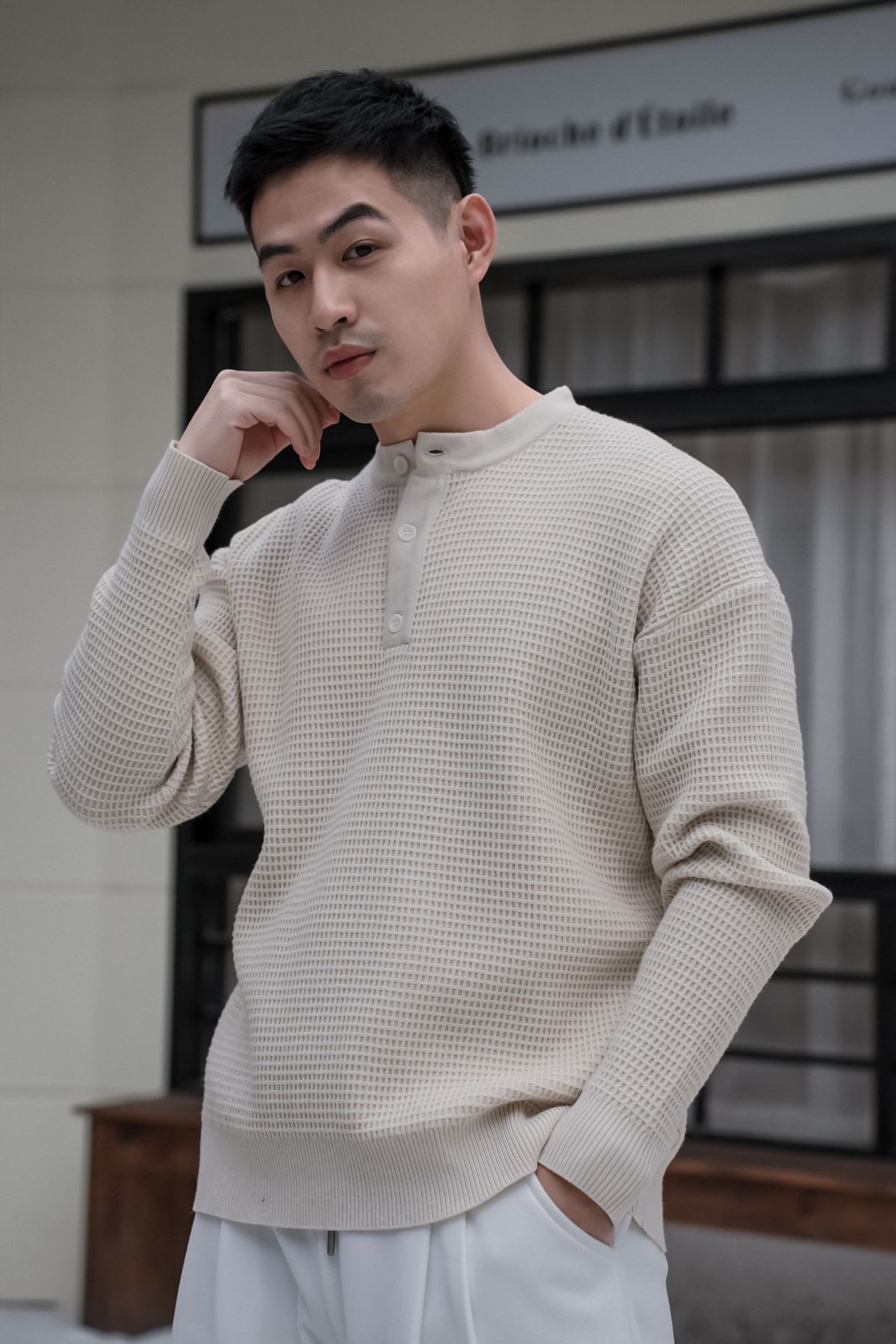 華夫格拼接亨利領長袖