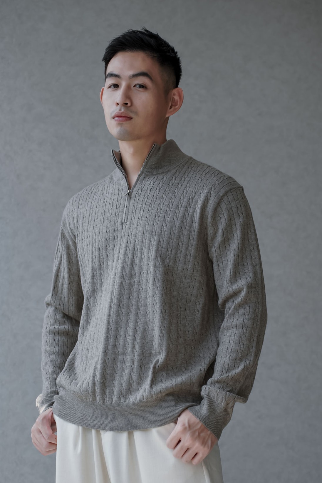 老錢羊毛麻花針織半拉鏈長袖