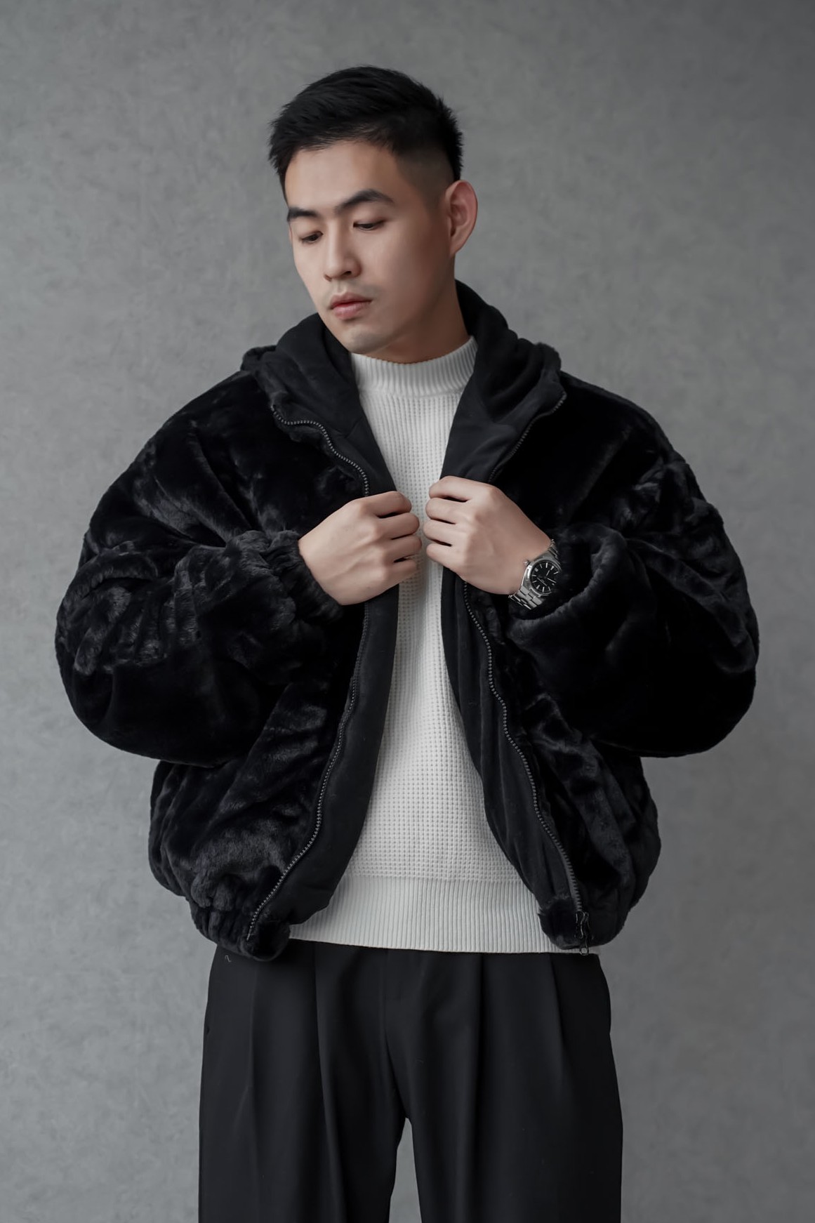 正韓精梳絨毛連帽外套