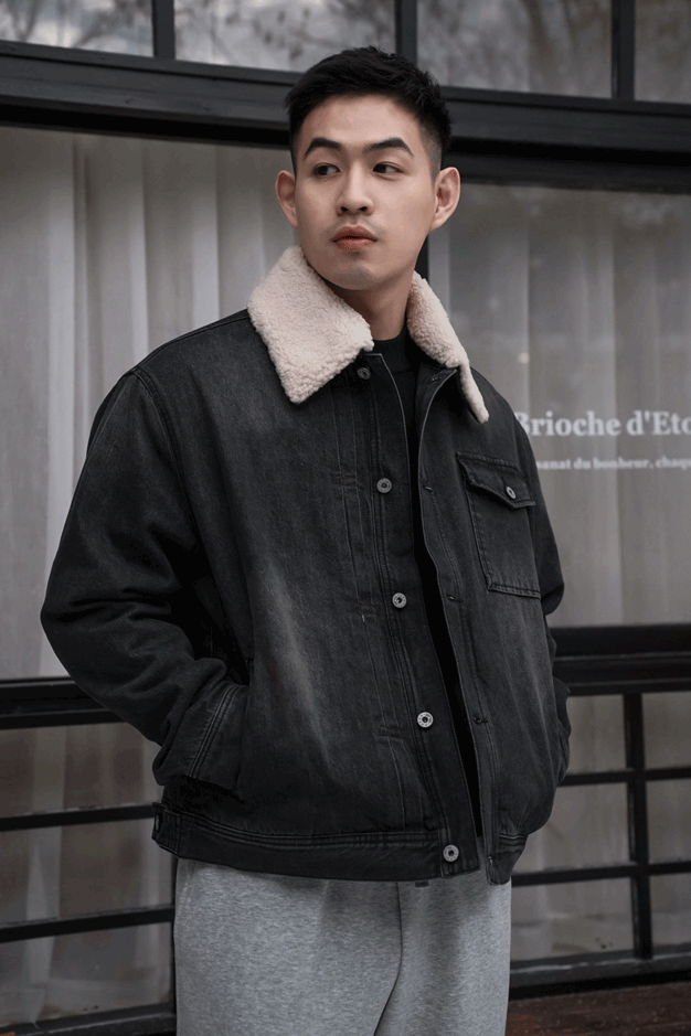 經典羊羔絨翻領丹寧外套