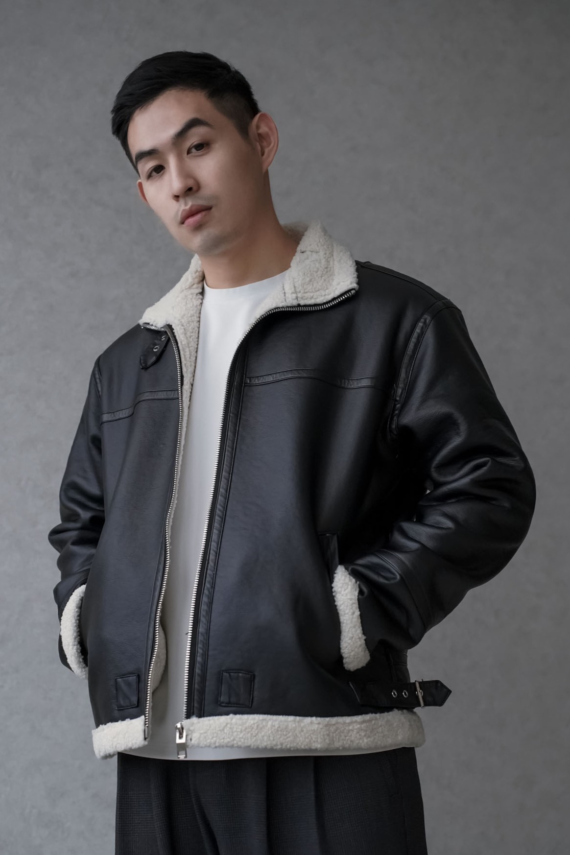 羊羔絨騎士皮革外套