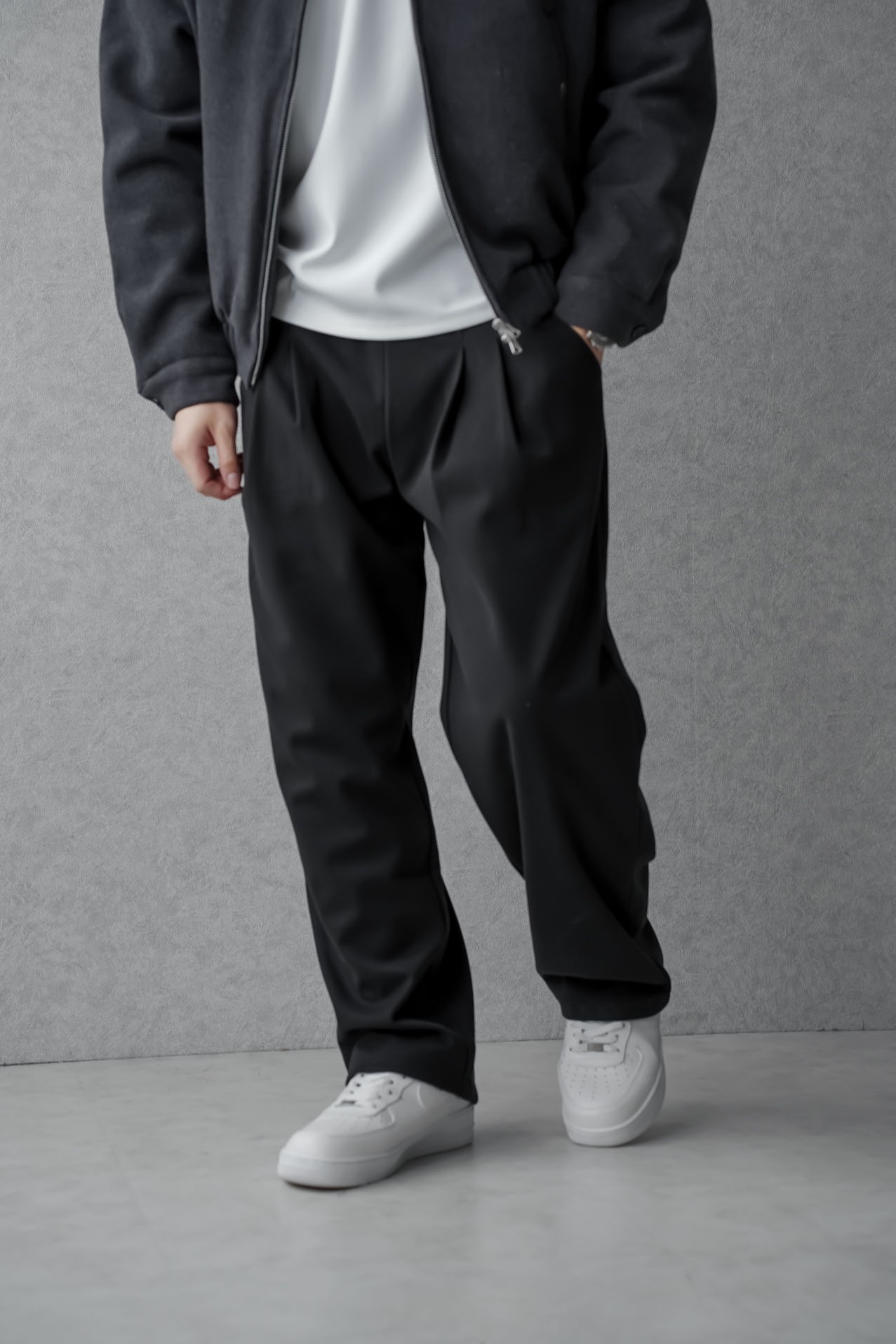 柔軟毛呢寬鬆雙打摺長褲