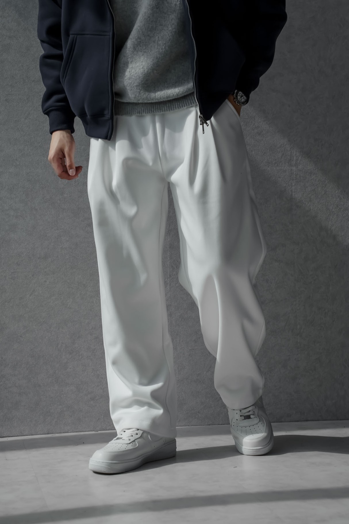 柔軟毛呢寬鬆雙打摺長褲