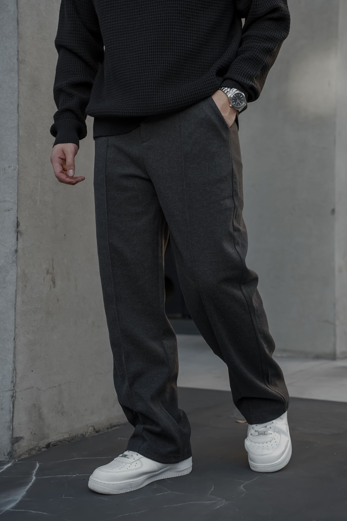 毛呢雙打摺西裝寬褲