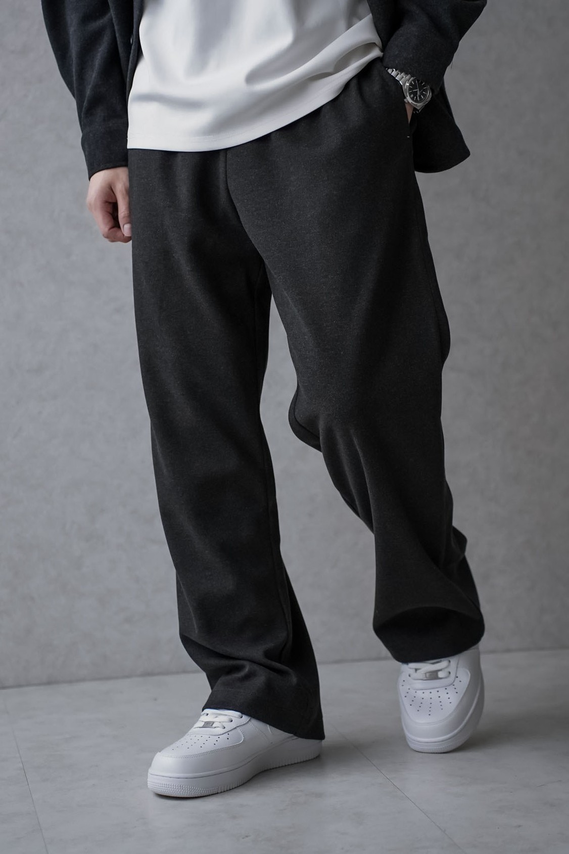 單釦毛呢感寬鬆長褲