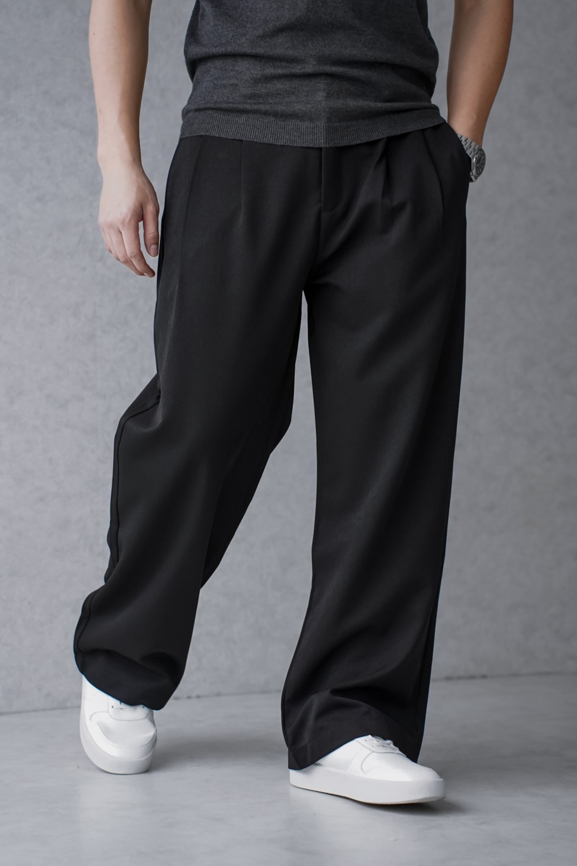 斜紋羊毛打褶寬鬆長褲