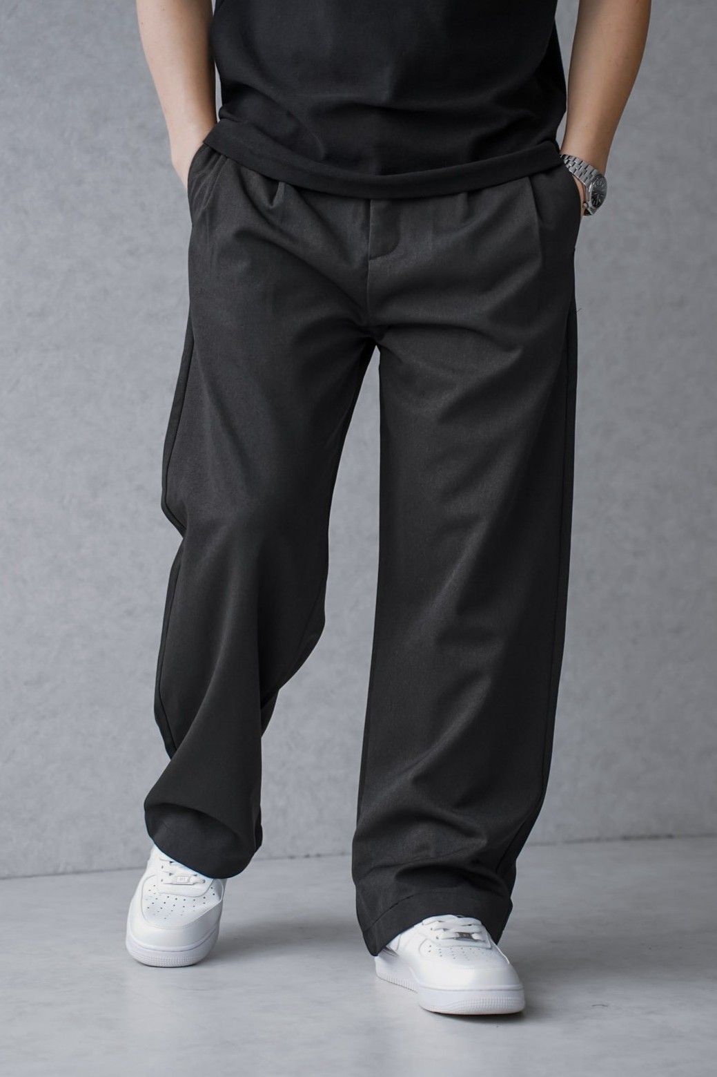 斜紋羊毛打褶寬鬆長褲