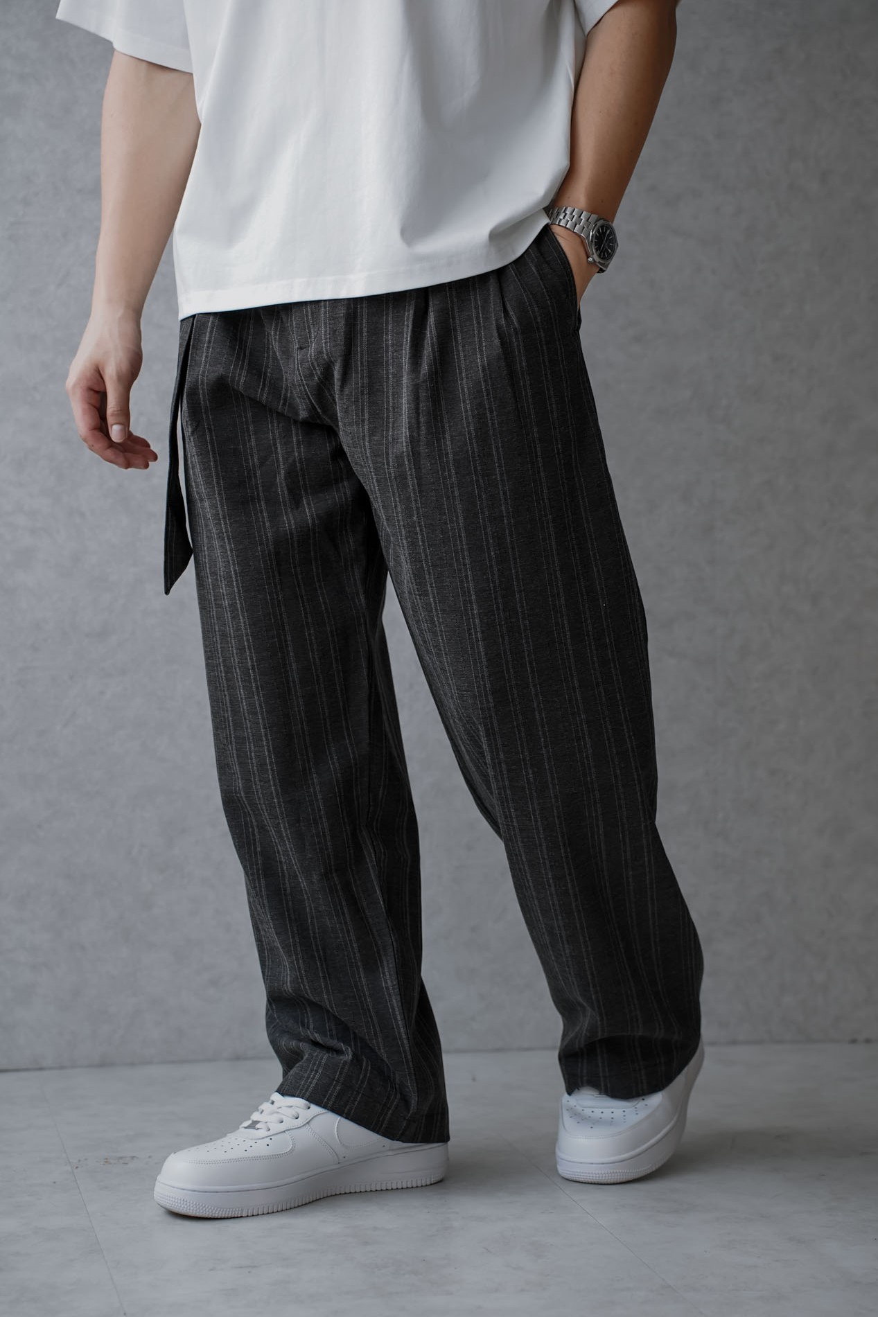 老錢條紋寬鬆長褲